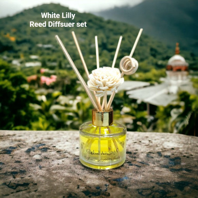 GLOBAL AROMA Whitelily Reed Diffuser Set Fragrance for Office, Home, Gym and Yoga Diffuser Set Whitelily Reed Diffuser Set 60ML,Fragrance for Office, Home, Gym and Yoga | Mood Enhancer, Smoke Less Room Freshener for Home(60 ml)