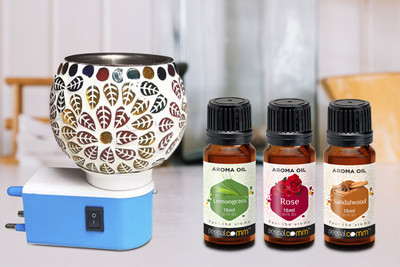 PeepalComm ComboPack -Premium Home Scented Plug In Electric Oil Burner Lamp With 45ml Aroma Oil, Diffuser Set Premium Plug In Electric Oil Burner Lamp With 3 Oil Set 15ml Each Rose Saadalwood Lemon Grass ( Assorted Design Shipped As Per Availability )S3(1 Units)