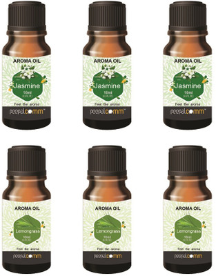 PeepalComm High Scented Aroma Oil Jasmine L.Grass Set Of 6 For Freshener 3-3 Combo Aroma Oil, Refill, Diffuser Home Gift Scented Aroma Oil for Diffuser, Burner Kapoordani Set of 6 - Fragrance Scent - Jasmine & Lemon Grass- Best for Home Office, Cool Mist Large Rooms, Bedroom, (Each 10ml) S18(60 ml)