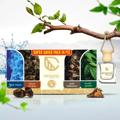 Airganic Aroma Swing Pack of 4 Combo: Blue Aqua, Black Amber, Anti Tobacco & Lavish Green Car Freshener Diffuser | Aroma Essential Oils in Glass Bottle with Wooden Diffuser Lid | Car Accessories 2025(4 x 10 ml)