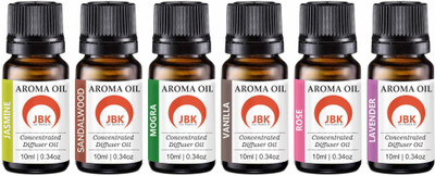 JBK Rose, Jasmine, Lavender, Vanilla, Sandal, Mogra Aroma Oil, Refill, Automatic Spray Aroma oil pack of 6 bottles 10 ml each(6 x 1 ml)