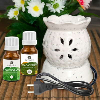 Aatiutik Lemongrass, Magic Fruit Diffuser Set Handcrafted Ceramic Electric Diffuser for Home Fragrance Aroma Oils for Aromatherapy | Air Freshener | Camphor/Essential Oil Burner | Night Lamp Light(2 x 10 ml)