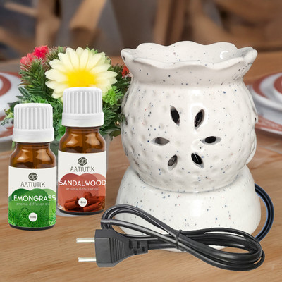 Aatiutik Lemongrass, Sandalwood Diffuser Handcrafted Ceramic Electric Diffuser for Home Fragrance Aroma Oils for Aromatherapy | Air Freshener | Camphor/Essential Oil Burner | Night Lamp Light(2 x 10 ml)