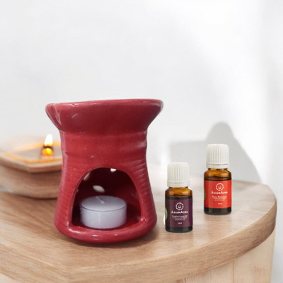 CEC Ceramic T Light Red Diffuser with 1 Candle & 2 Aroma Oil 10ml each Diffuser Set PT18(4 x 2.5 ml)