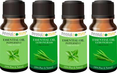 PeepalComm Pure & Natural Peppermint 2+2 Lemongrass Set of 4 (15ml each) Organic Essential Aroma Oil, Diffuser Set, Refill Pure & Natural lemongrass peppermint Essential Oil for Relaxation & Skin Rejuvenation | Natural Aromatherapy Oil for Diffuser | Strong & Long-Lasting Aroma - Fragrance Oil for H