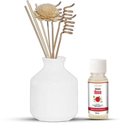 Edysian Rose Diffuser Set Ceramic Reed Diffuser Set – Round | White Diffuser with Natural Reeds | Home & Office Fragrance(50 ml)