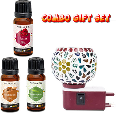 PeepalComm ComboPack Gift-Premium Home Scented Plug In Electric Oil Burner Lamp With 45ml Aroma Oil, Diffuser Set Premium Plug In Electric Oil Burner Lamp With 3 Oil Set 15ml Each Rose Saadalwood Lemon Grass ( Assorted Design Shipped As Per Availability )S2(1 Units)