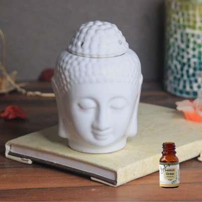 Brahmz Ceramic White Buddha Aroma Tealight Candle Diffuser with 10 grams Lemongrass Diffuser Set(10 ml)