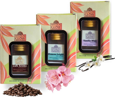 Mystical Glow CAFE AROMA (COFFEE), BLOSSOM DELIGHT (CHERRY BLOSSOM), VANILLA BLISS (VANILLA) Diffuser Cafe Aroma (Coffee) | Blossom Delight (Cherry Blossom) | Vanilla Bliss (Vanilla) Aroma Air Freshener Hanging Pod - Combo Pack of 3 | 8 ML Each | Long-Lasting Air Freshener(3 x 8 ml)