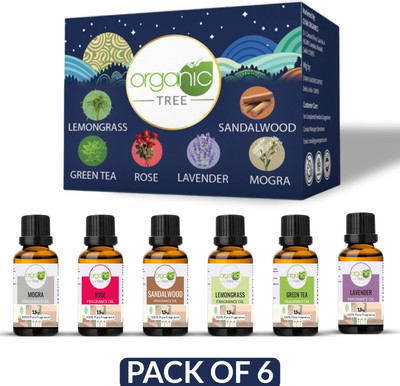ORGANIC TREE Rose, Mogra, Lemongrass, Lavender, Sandalwood, Green Tea Aroma Oil, Diffuser, Diffuser Set, Spray, Refill, Automatic Spray Diffuser Oil Set | Lemongrass, Lavender, Mogra, Rose, Sandalwood, Green Tea | Diffuser Refil Oil For Fragrance- Home, Office, Washroom & Aromatherapy(6 x 15 ml)