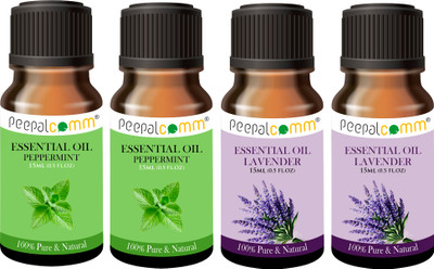 PeepalComm Pure & Natural Lavender 2+2 Peppermint Set of 4 (15ml each) Organic Essential Aroma Oil, Diffuser Set, Refill Pure & Natural Peppermint lavender Essential Oil for Relaxation & Skin Rejuvenation | Natural Aromatherapy Oil for Diffuser | Strong & Long-Lasting Aroma - Fragrance Oil for Home,