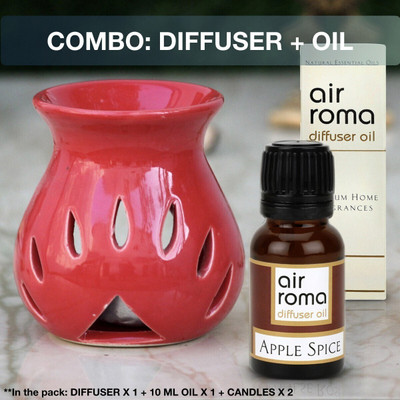 Airroma Apple Spice Diffuser, Diffuser Set, Aroma Oil Ceramic Aroma Diffuser Oil Burner(Red) with 10ml Apple Spice Diffuser Oil & 2 Pcs Candles(4 x 1 Units)