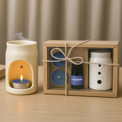 Floryn decor Lavender Diffuser Set Aroma Diffuser Set – Ceramic Oil Burner with 2 Tealight Candles & 10ml Essential Oil(391 g)