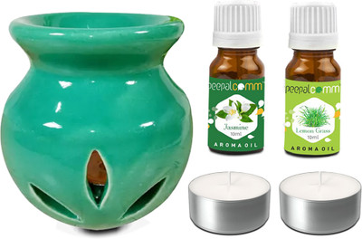 PeepalComm Ceramic Green Oil Burner Diffuser With 2 candles & 2 10ml Jasmine LGrass Aroma Oil, Diffuser Set Home Decor Ceramic Green Oil Burner Diffuser With 2 10ml Lemon Grass Jasmine Aroma Oil ( 20ml ) & 2 T-Light Candles For Home Office Hotel Nice Fragrance In Atmosphere,Perfect For Gifting Purpo