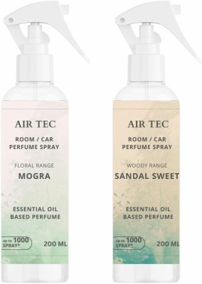 airtec Room/Car Air Freshener | 2000 Spray| No Gas | Sandal, Mogra| Essential Oil Based Spray(2 x 200 ml)
