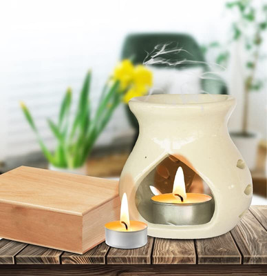 PeepalComm Home Scented Aroma Oil Burner White Color Diffuser With 1 10 ml Aroma Oil, Diffuser Set Ceramic Aroma Oil Burner White Color Diffuser With 1 Aroma Oil 10ml Jasmine And 2 T-light Candle(1 Units)