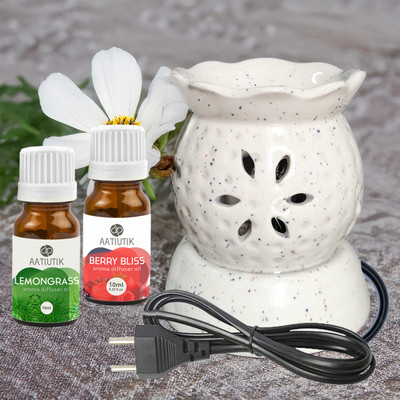Aatiutik Lemongrass, Berry Bliss Diffuser Set Handcrafted Ceramic Electric Diffuser for Home Fragrance Aroma Oils for Aromatherapy | Air Freshener | Camphor/Essential Oil Burner | Night Lamp Light(2 x 10 ml)