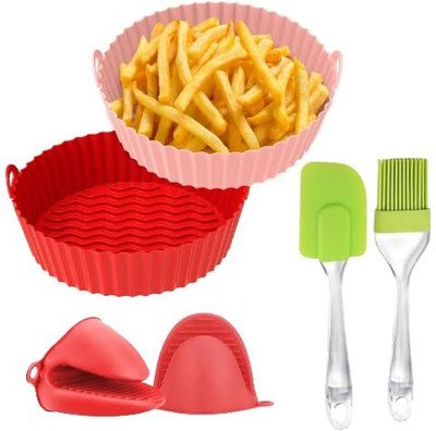 PABUZA Air Fryer Reusable Silicone Pot, 6.8 inch Non-Stick Air Fryer Liners Ear Handles Airfryer Tray