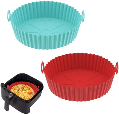 Adhunyk 2 Pcs Air Fryer Silicone Round Baking Cooking Tray Oven Accessories with Handle Airfryer Tray