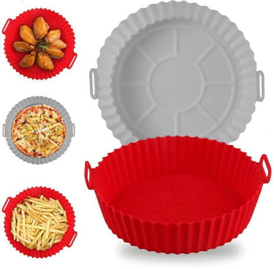 Vamigo 2 Pcs Round Silicon Reusable, Non-stick Red and Gray Airfryer Tray