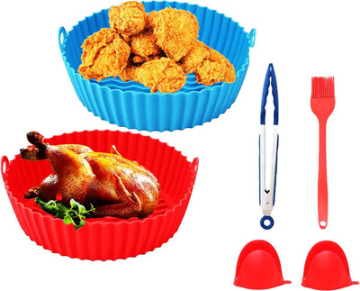 ITUSHA Silicone Liners 2 PCS Round with Oven Mitts, Basting Brush and a Pair of Tongs Airfryer Tray