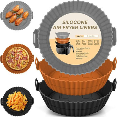 LIJIE Pack of 3 Black,Brown And Gray Breakfast Tray Silicone Air Fryer Mat Airfryer Tray