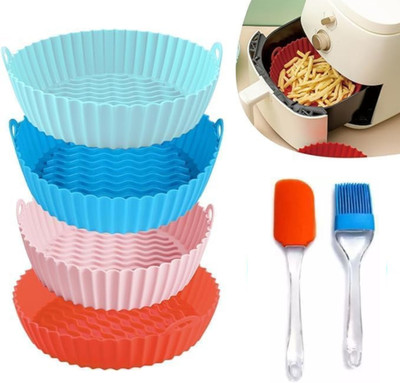 Kaito 4 Pcs Combo Pack: Round Silicone Trays with Oil Brush And Spatula Airfryer Tray