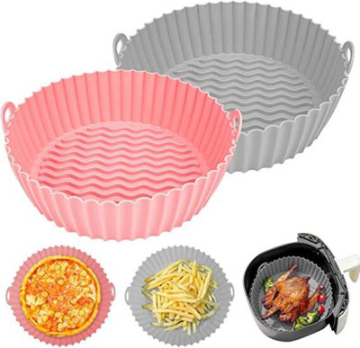 Ipsit 2 Pcs Round Silicon Reusable, Non-stick Pink and Gray Airfryer Tray