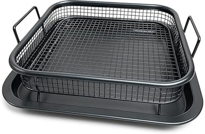 HEVASNEK Stainless Steel Air Fryer Tray – 2-in-1 Nonstick Crisper Basket (Black) Airfryer Tray