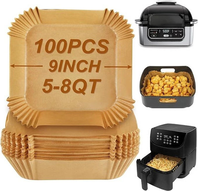 Mooues 100 Pcs Square Air Fryer-Paper Disposable Paper Liner, Baking Paper & Oil-proof Airfryer Tray