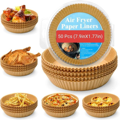 PP Globals 50 Pcs Disposable Air Fryer Paper Liners (7.9in x 1.77in) – Non-Stick, Oil-Proof Airfryer Tray