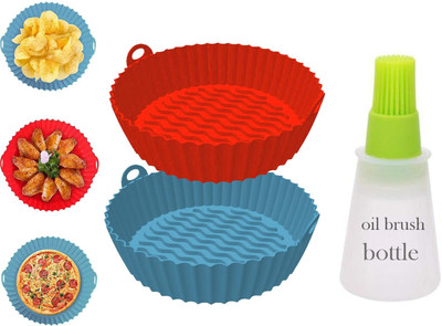 ZORIADA 3-Pack , 2 pcs-Air Fryer Reusable Silicone Pot, 1 pcs-Oil Brush bottle Airfryer Tray