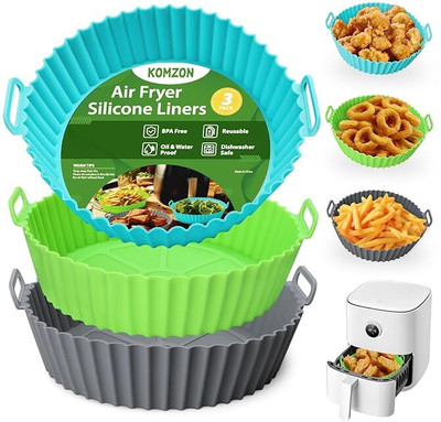 LIJIE Pack of 3 Green,Blue And Gray Round Silicone Air Fryer Tray Airfryer Tray