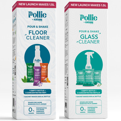 Pollie Cleaning Combo Glass Cleaner 1.5Litre + Floor Cleaner 1.5Litre | Non-Toxic(6 x 32.5 ml)