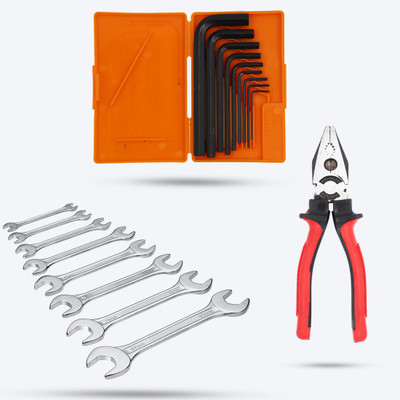 Hillgrove HGCM330M1 9Pcs Hex Allen Key Kit with 8Pcs Double Open End Wrench with Plier Allen Key Set