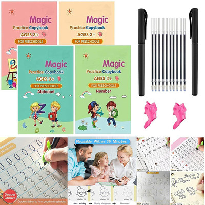 4 PCS Magic Practice Copybook For Kids, Handwriting English Reusable Magical Practice Copy Books For Kids Tracing Book Letter Writing Book(Paper Work, Magic Practice Copybook)