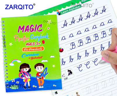 Cursive Writing Magic Practice Copy Book 4Book+10Reffils+1Pen+1Grip (Cursive+Alphabet +Number+Drawing Book )(Wiro Binding, zriyos)