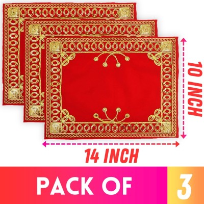 Bhakti Lehar ( Size: 10 x 14 Inches ) Fancy Embroidery Jari Design Red Velvet Pooja Aasan Cloth for God Mandir, Idols Sitting, Home Mandir, Temple, Pooja Ghar and Diwali Decoration Altar Cloth(Pack of 3)