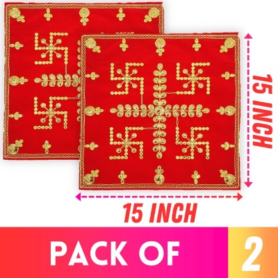 Bhakti Lehar ( 15 x 15 Inch ) Embroidery Swastik Design Velvet Red Pooja Aasan Chowki Altar Cloth(Pack of 2)