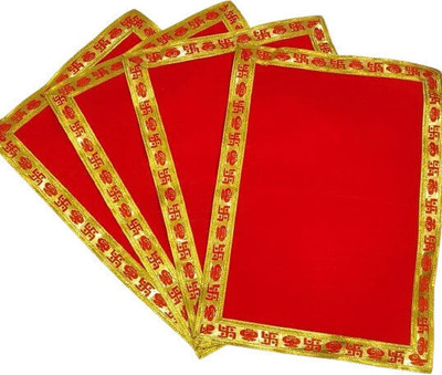 Shri Radha Krishna Elegance Swastik Om Velvet Pooja Aasan | 13×20 Inch | Red with Golden Religious Border Altar Cloth(Pack of 4)