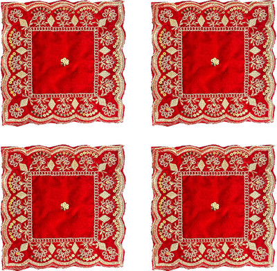 shree vidhi Maroon Velvet Pooja Aasan Cloth 8x8 Inch (Pack of 4) | Decorative Embroidered Altar Cloth(Pack of 4)