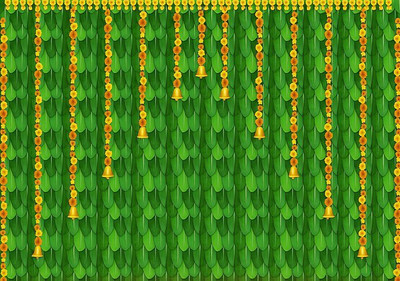 Wukong Banana Leaf and Marigold Flower with Ganeshji Design Backdrop Curtain Altar Cloth