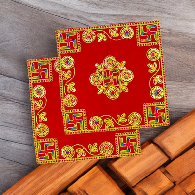 Tapoday Fancy Swastik Design Red Velvet Pooja Aasan Cloth for God ( Size:12x12 Inch) Altar Cloth(Pack of 2)