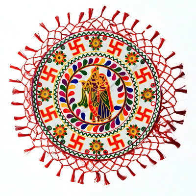 royalkathiawad Traditional Krishna Embroidered Round Decorative Wall Hanging with Swastik Motif Altar Cloth