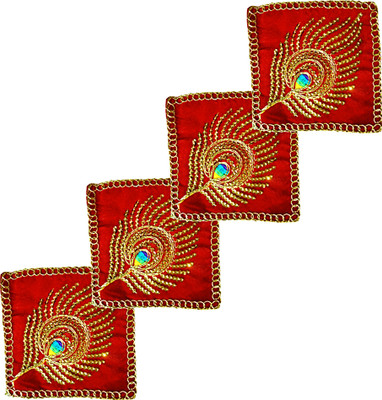 BERRYCRAVE Velvet Pooja Chowki SMALL Asan EMBROID for God Idol Krishna Ganesha -4 X 4 INCH Altar Cloth(Pack of 4)
