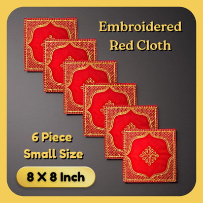 Achyuta ( 8 X 8 ) Inch Zari Embroidered Red Velvet Cloth For Pooja | Chowki Aasan Altar Cloth(Pack of 6)