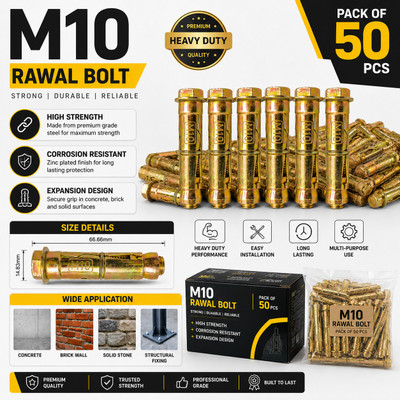 MONDAL INDUSTRIES (PACK OF 50) "M10" RAWAL EXPANSION BOLT FOR MACHINARY INTALLED Hex Nut Sleeve Anchor(6.66 cm)
