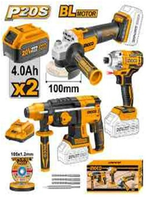 INGCO Lithium-Ion cordless combo, impact driver, rotary hammer Angle Grinder(13 mm Wheel Diameter)