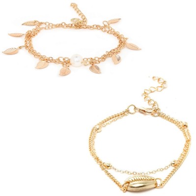 Oomph Combo of 2 Gold Tone Multi Layer Sea Shell & Leaf Pearls Fashion Anklet Alloy Anklet(Pack of 2)