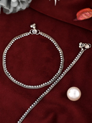 Silvermerc Designs Silver Plated AD Stone Studded Handcrafted Chain Anklet Brass Anklet(Pack of 2)